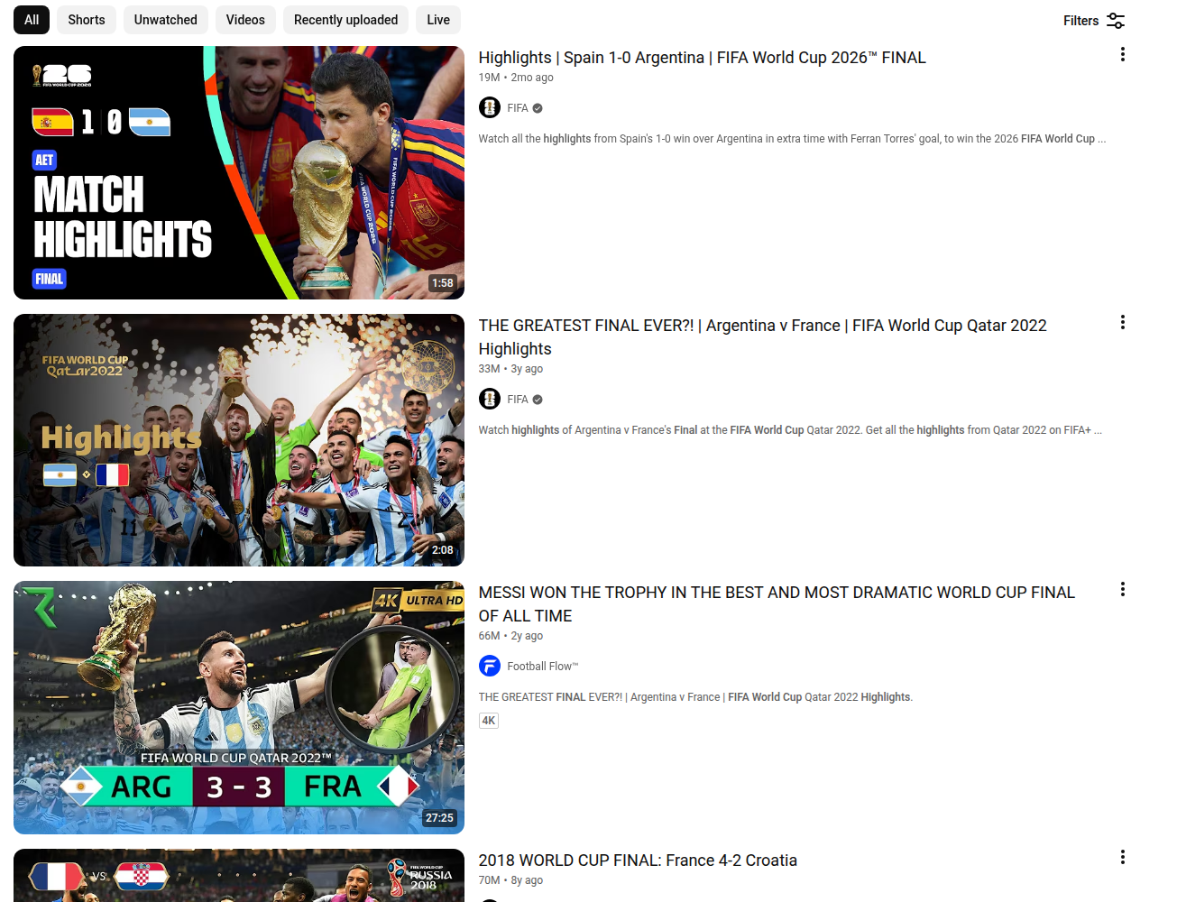 YouTube search results showing World Cup final scores in the thumbnails