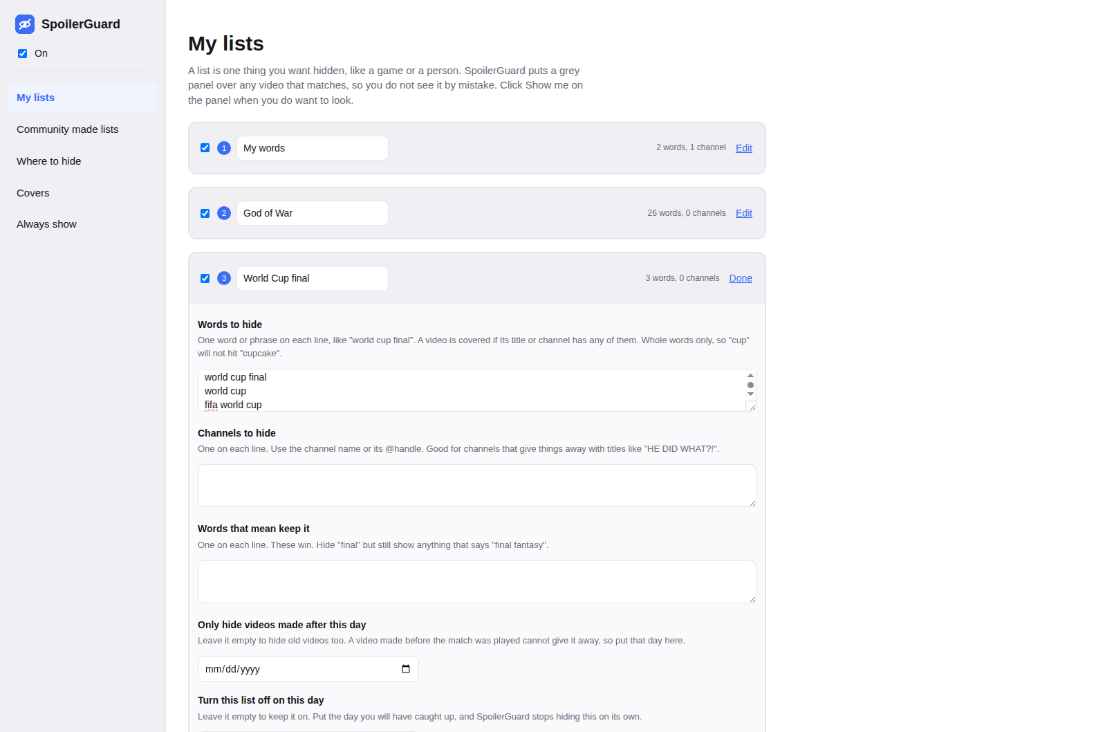 SpoilerGuard settings, with tabs for My lists, Community made lists, Where to hide, Covers and Always show